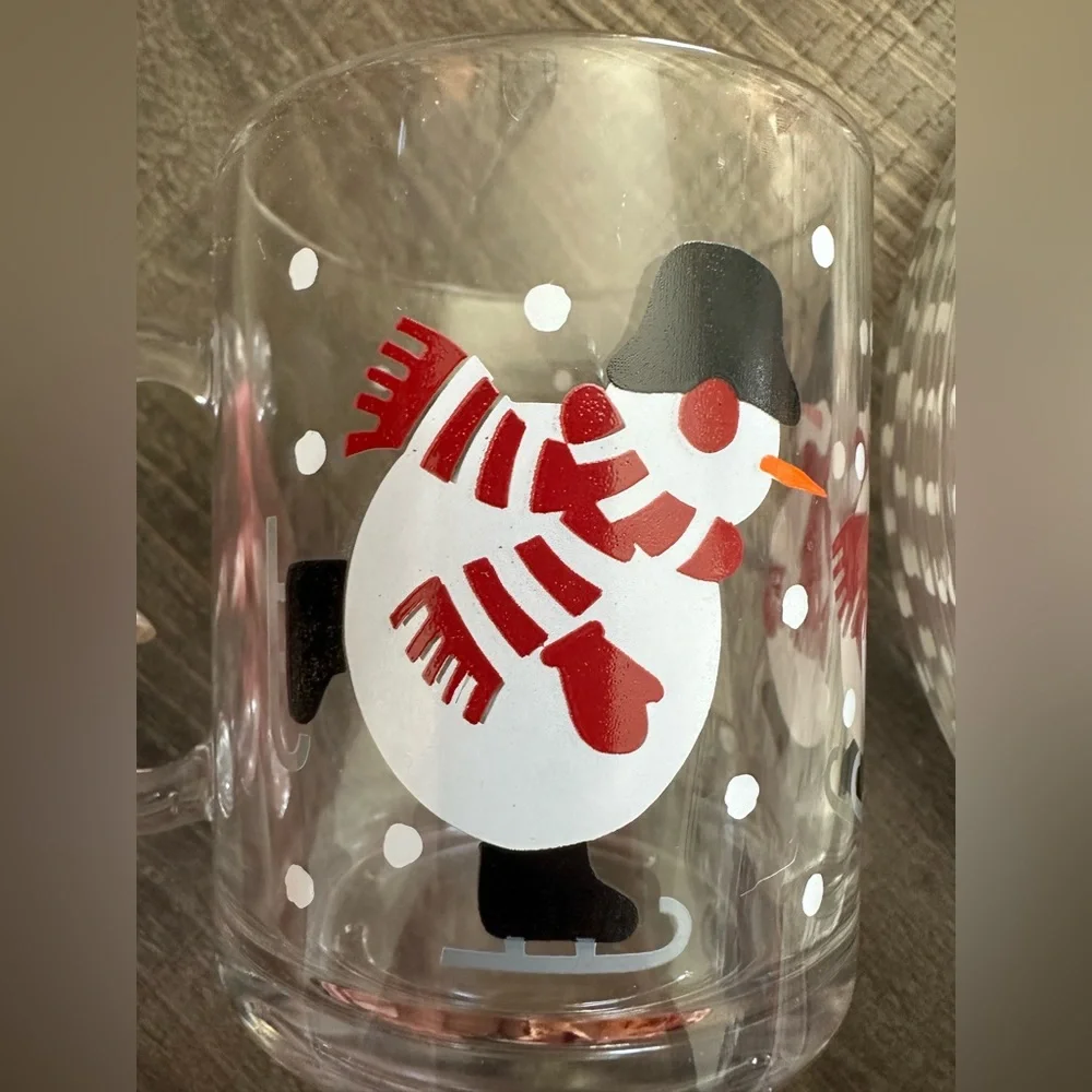 Crate&Barrel Skating Snowman Mugs Set of 6 10 1/2 oz. In Box with Plates